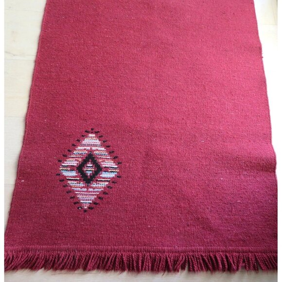Hand Woven Reversible Red Multicolor Wool Rug with Diamond Pattern Fringed Edge - Picture 12 of 13